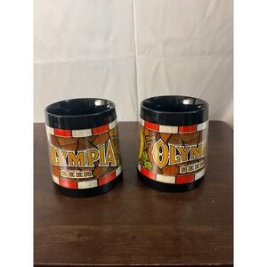 Vintage Olympia Beer Thermo-Serv Insulated Mugs Stained Glass Style Set of 2 USA